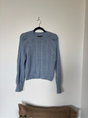 Mango Light Blue Open-Knit Crewneck Sweater